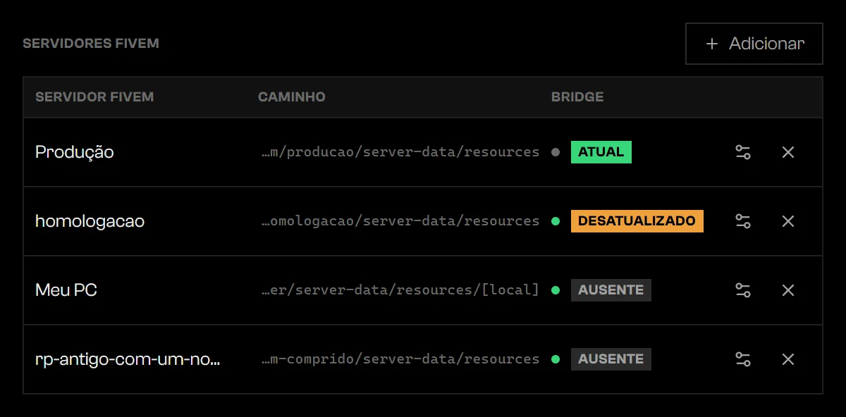 Aba Bridge das Configurações listando servidores FiveM com nome, caminho, estado do bridge, ações e remover