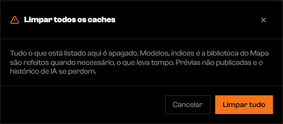 Confirmação Limpar todos os caches com os botões Cancelar e Limpar tudo