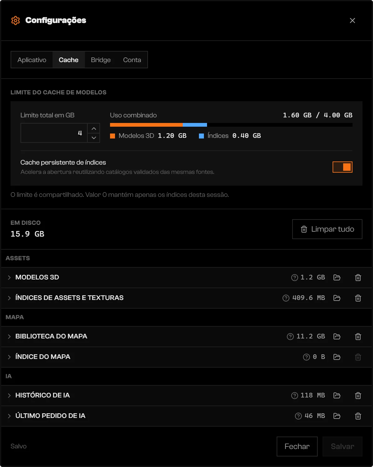 Aba Cache das Configurações com o limite total, uma barra de uso, o interruptor Cache persistente de índices e áreas agrupadas em Assets, Mapa e IA