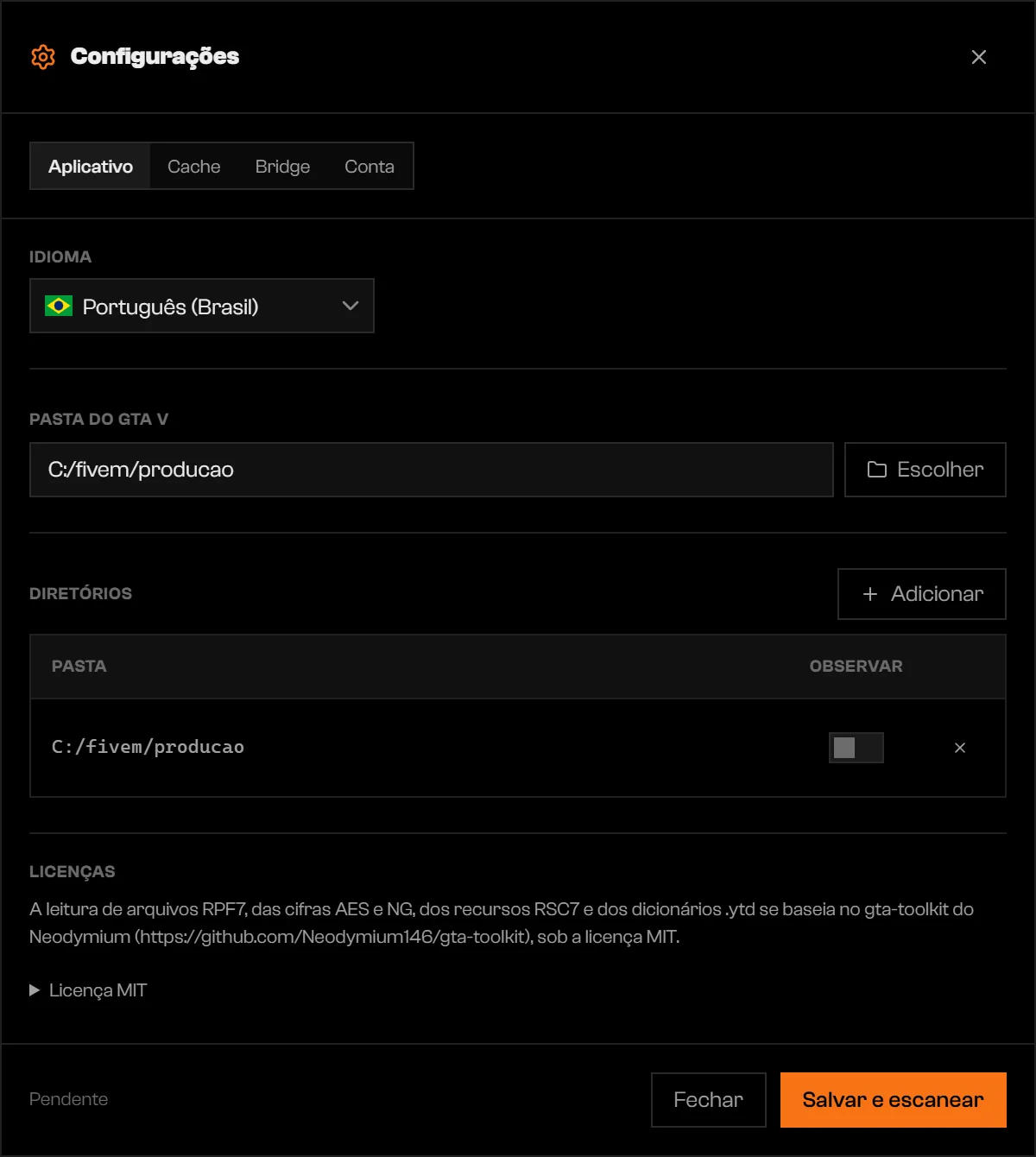Lista de Diretórios com o caminho de uma pasta, um interruptor Observar e um botão de remover