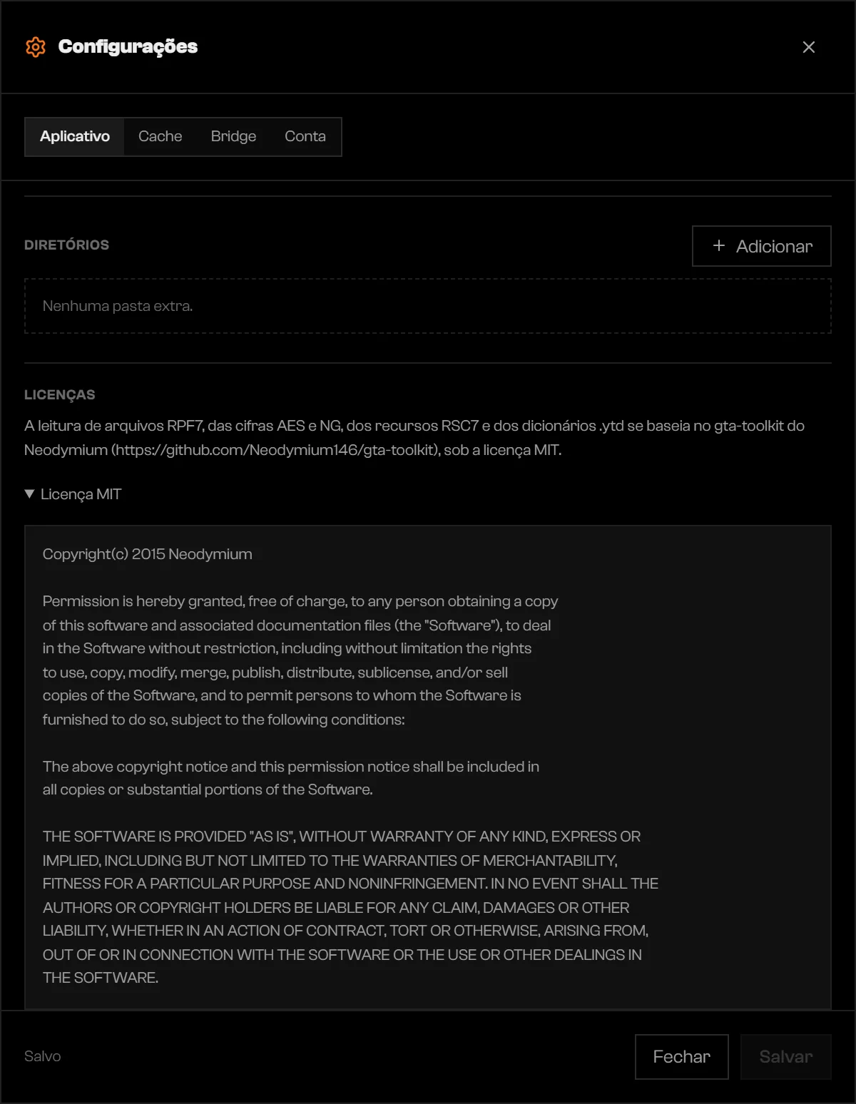 Seção Licenças com o texto da licença MIT aberto