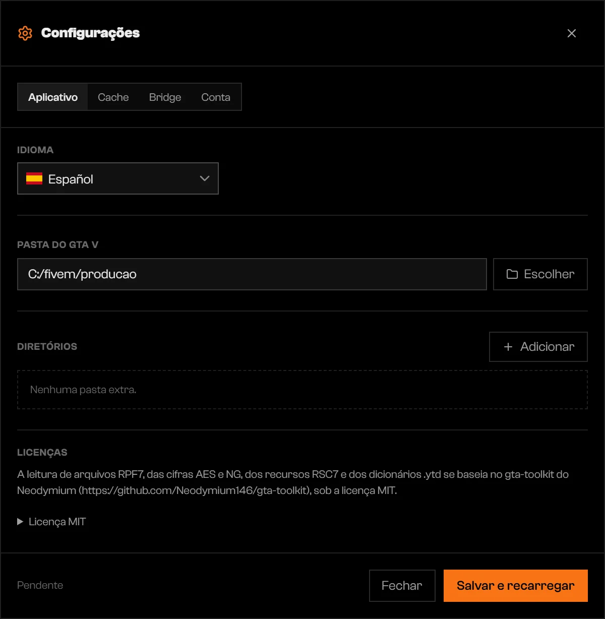 Aba App das Configurações com Español selecionado e um botão Salvar e recarregar