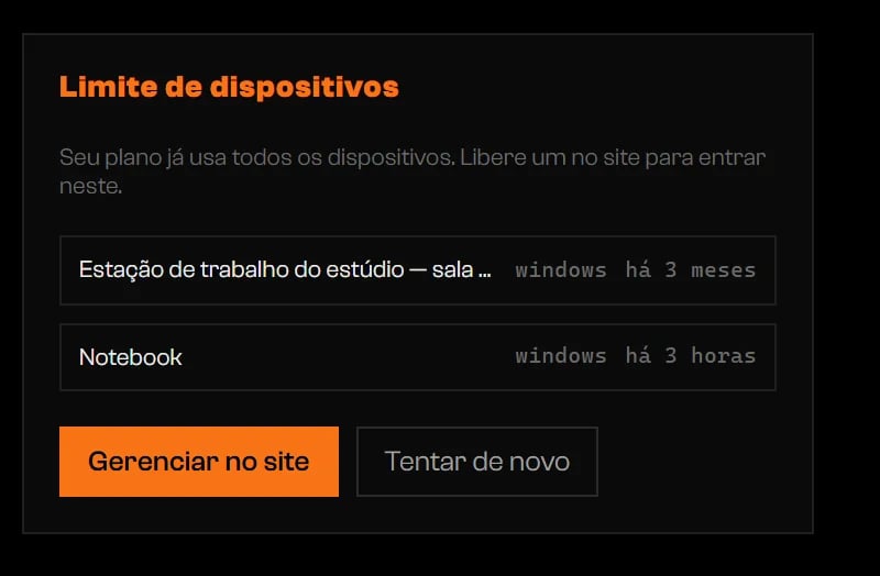 Tela Limite de dispositivos listando dois dispositivos com os botões Gerenciar no site e Tentar de novo