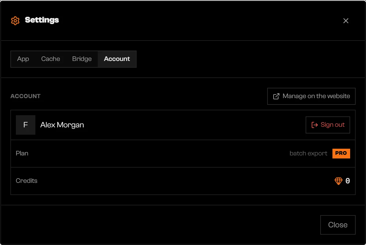 Settings Account tab with a credit balance of 0