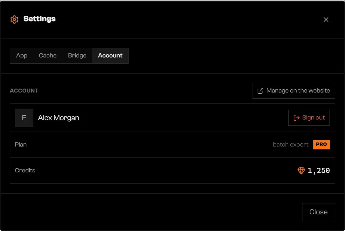 Settings Account tab with the user name, a PRO plan with batch export, and a credit balance