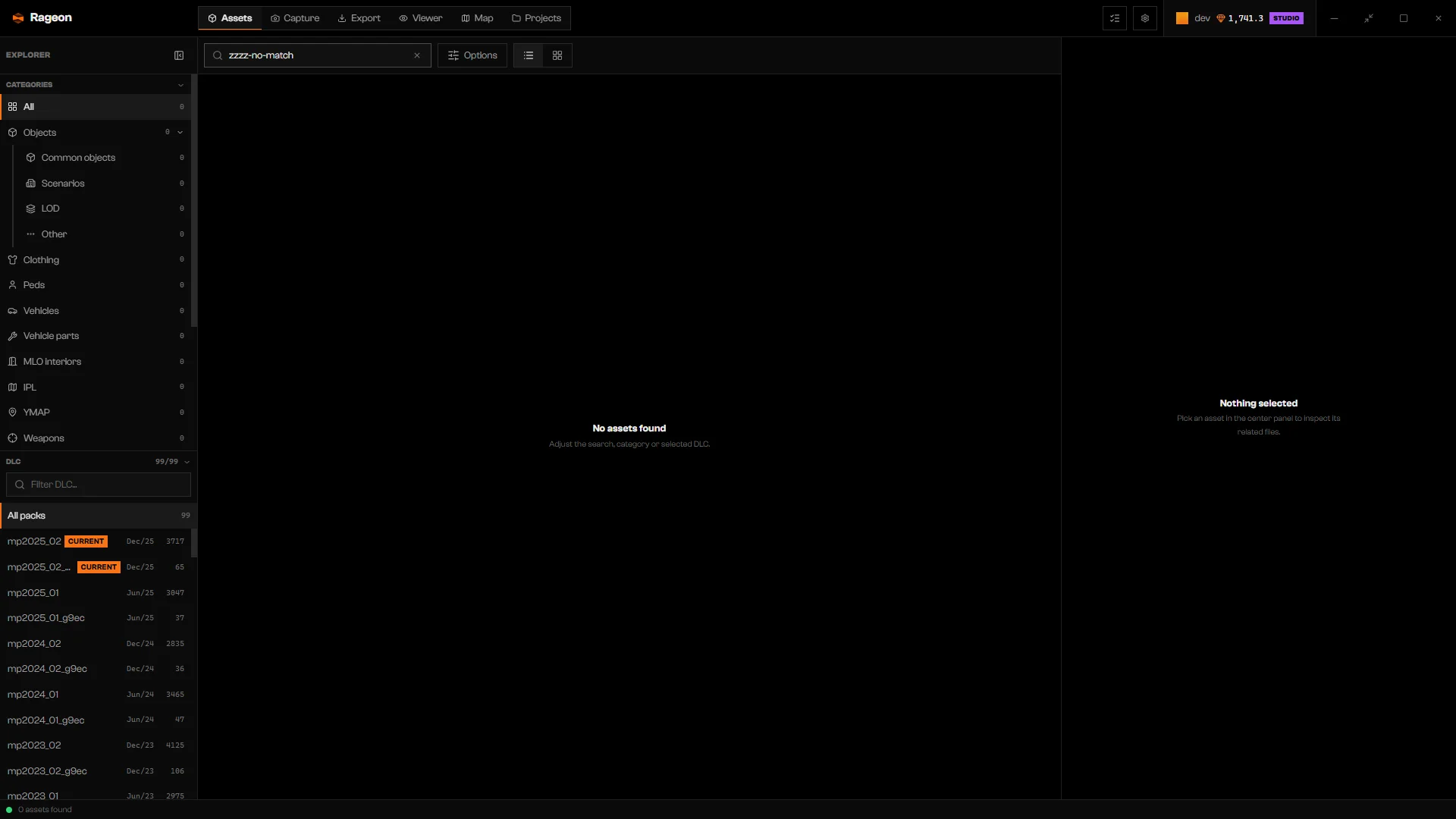 No assets found message for a nonmatching search
