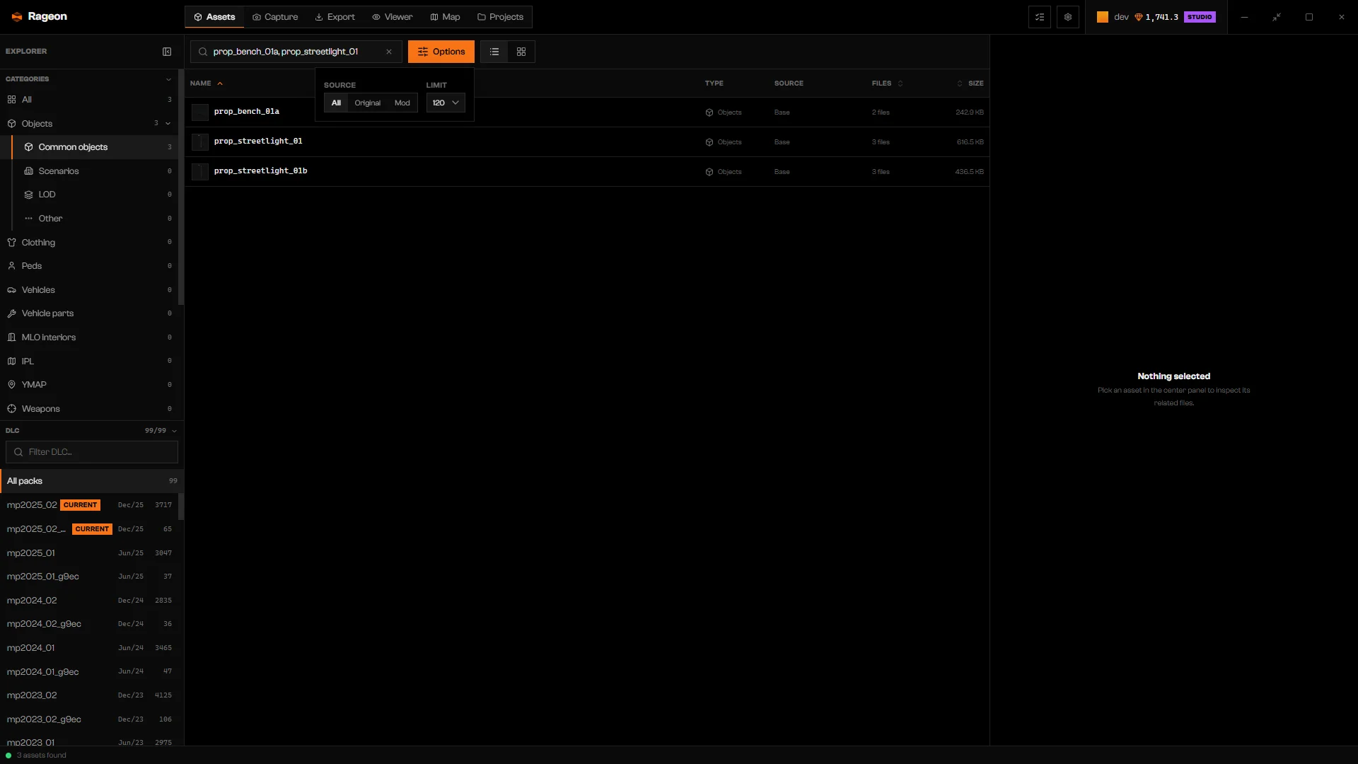 Options popover with Source All, Original, and Mod, and the Limit selector