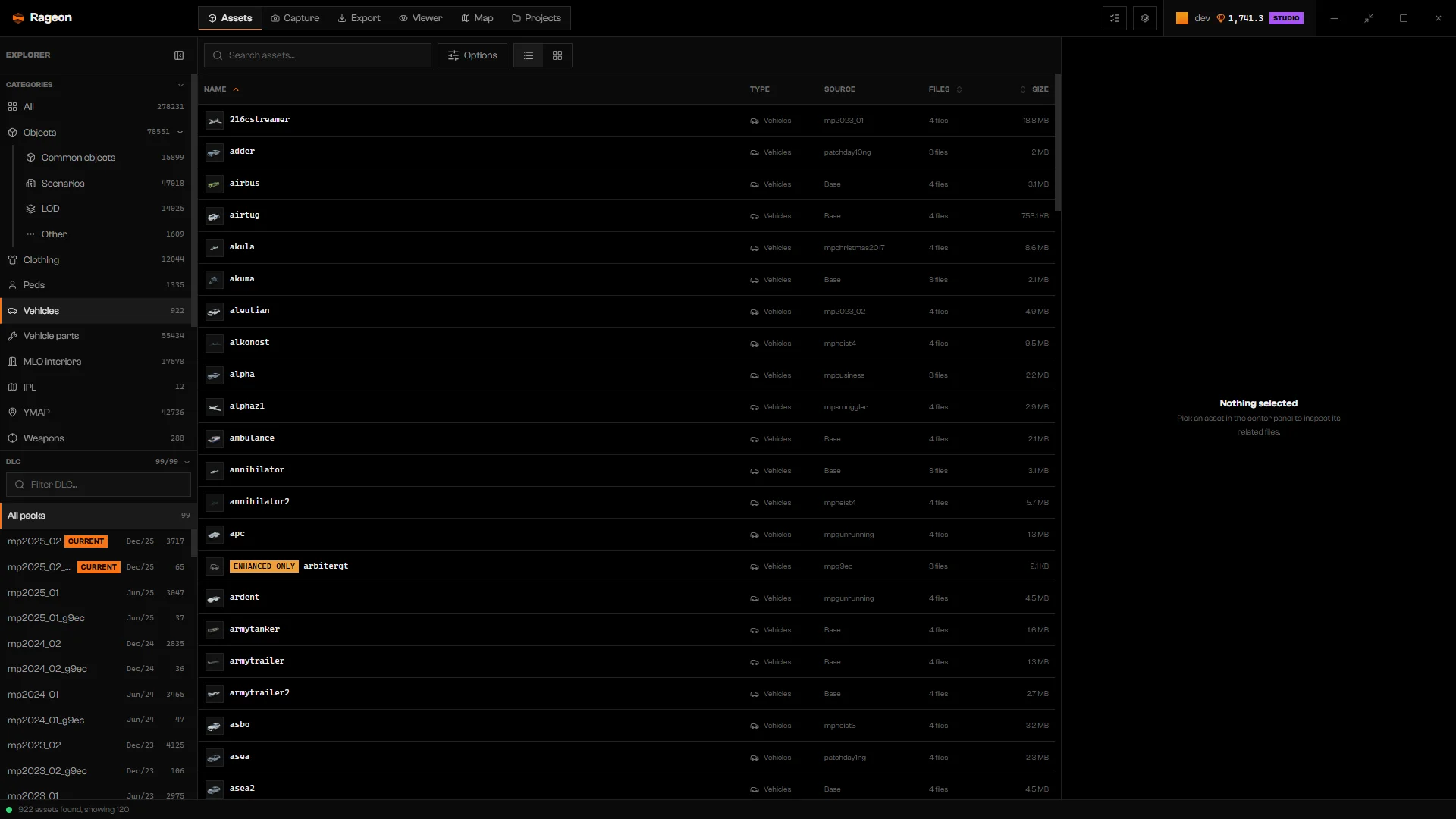 Vehicles list with the category list and the DLC list with release dates, nothing selected