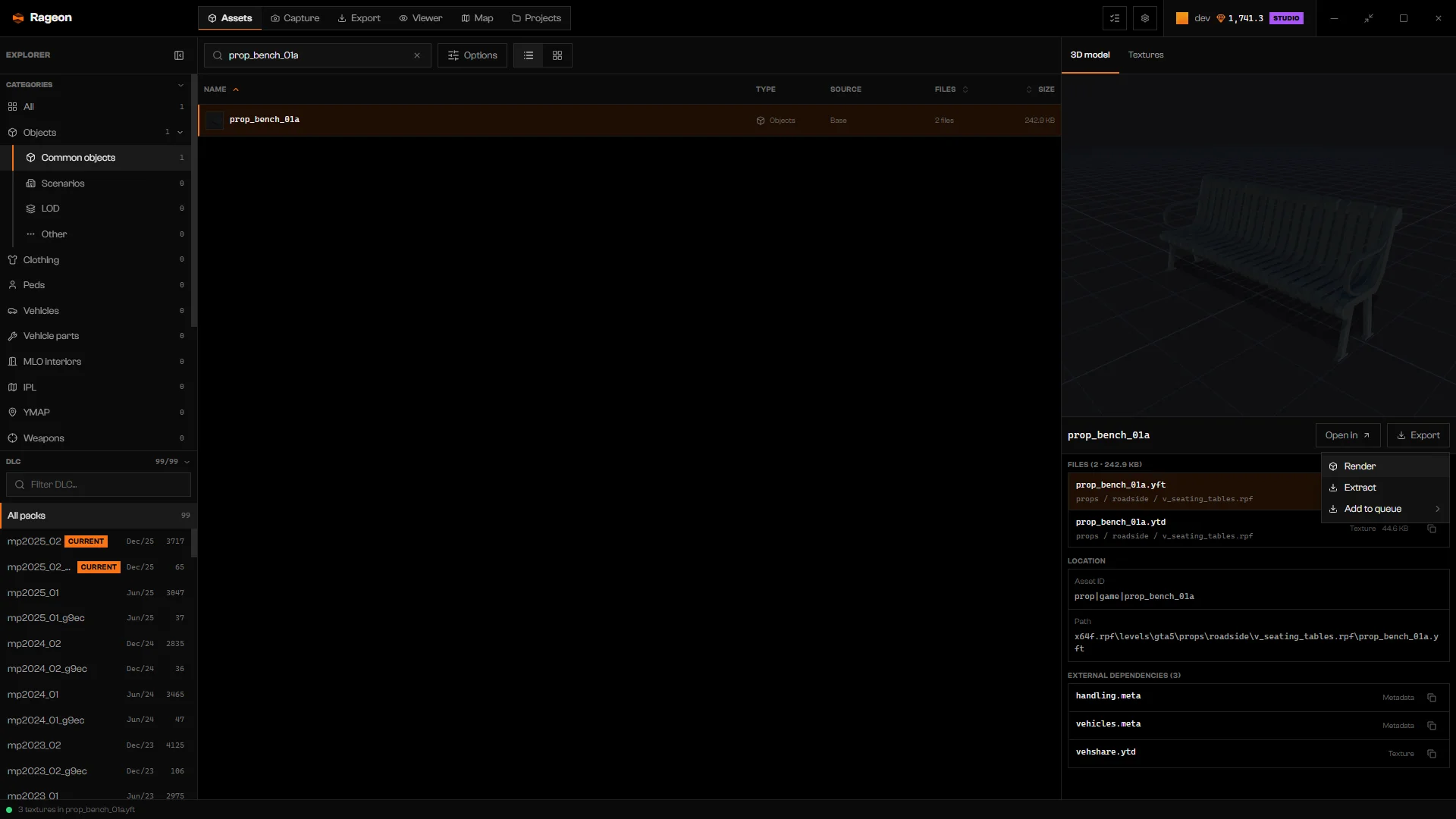 prop_bench_01a Export menu with Render, Extract, and Add to queue