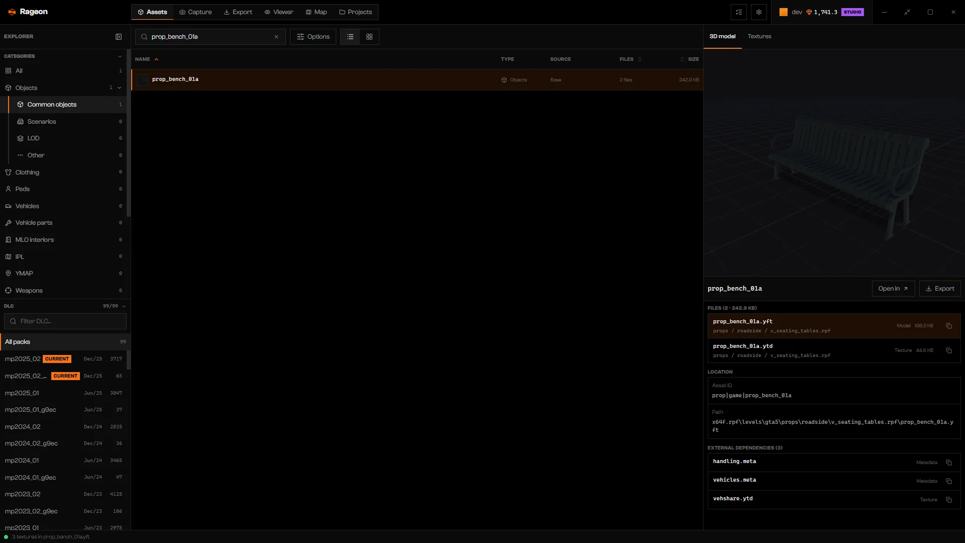prop_bench_01a 3D preview with Files, Location, and dependencies
