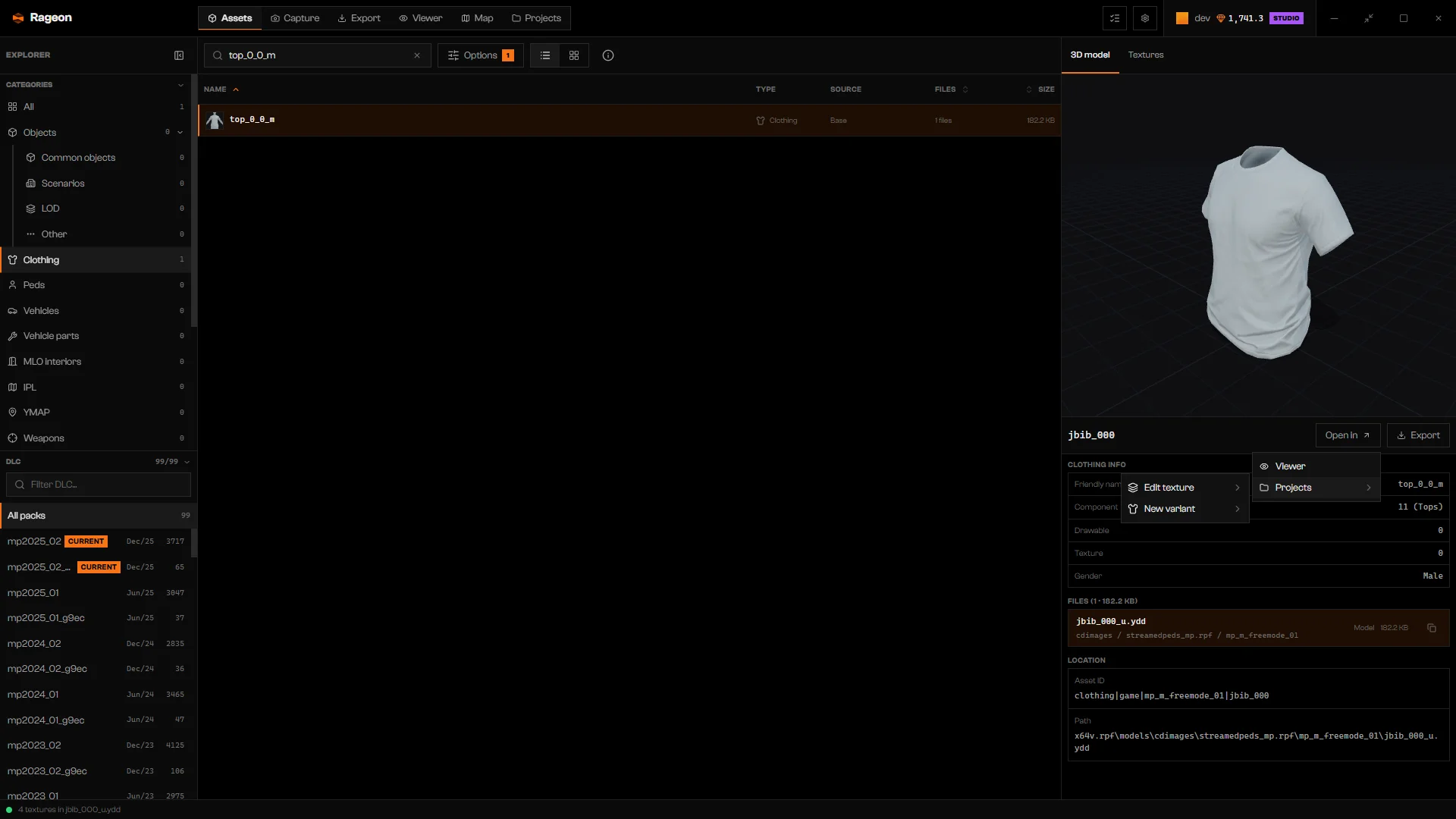 Freemode top Projects submenu with Edit texture and New variant