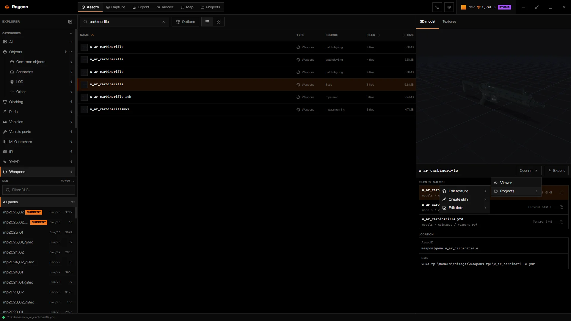 w_ar_carbinerifle Projects submenu with Edit texture, Create skin, and Edit tints