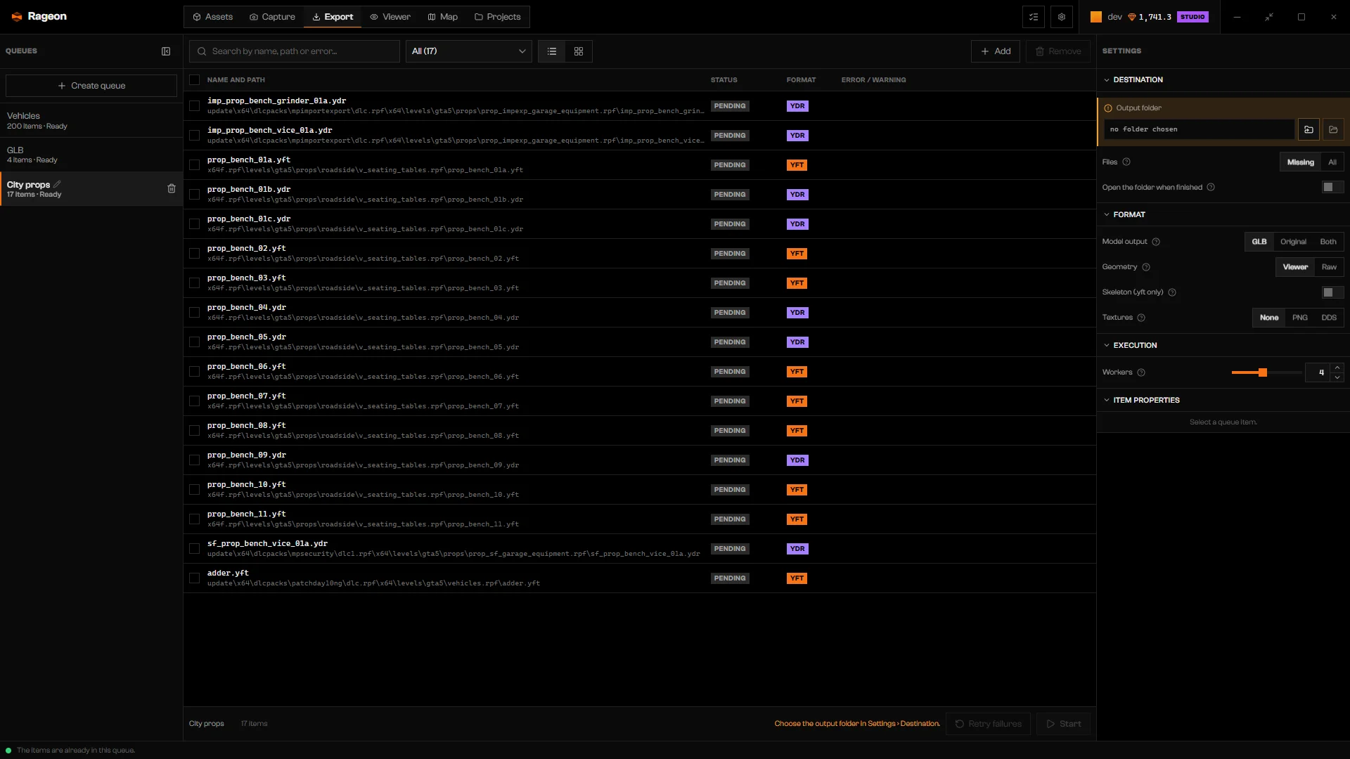 Export tab with a queue containing adder.yft