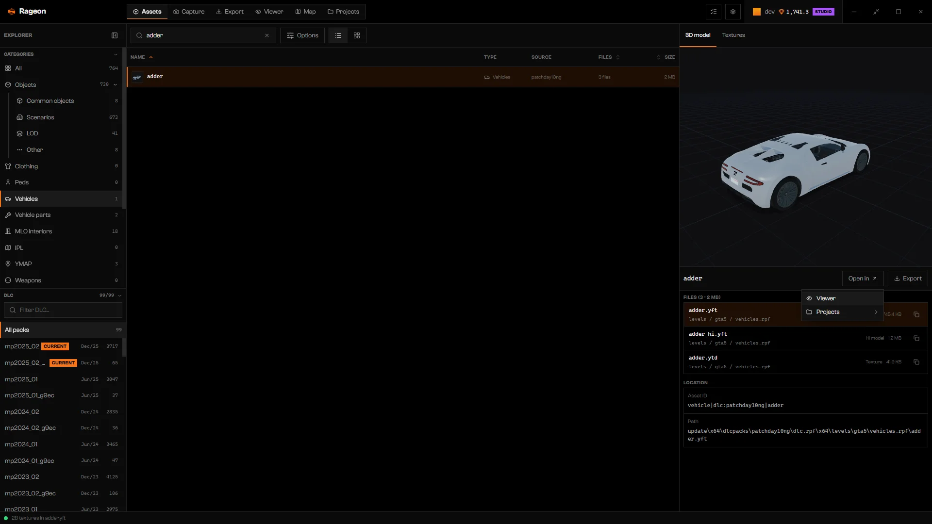 adder Open in menu with Viewer and Projects