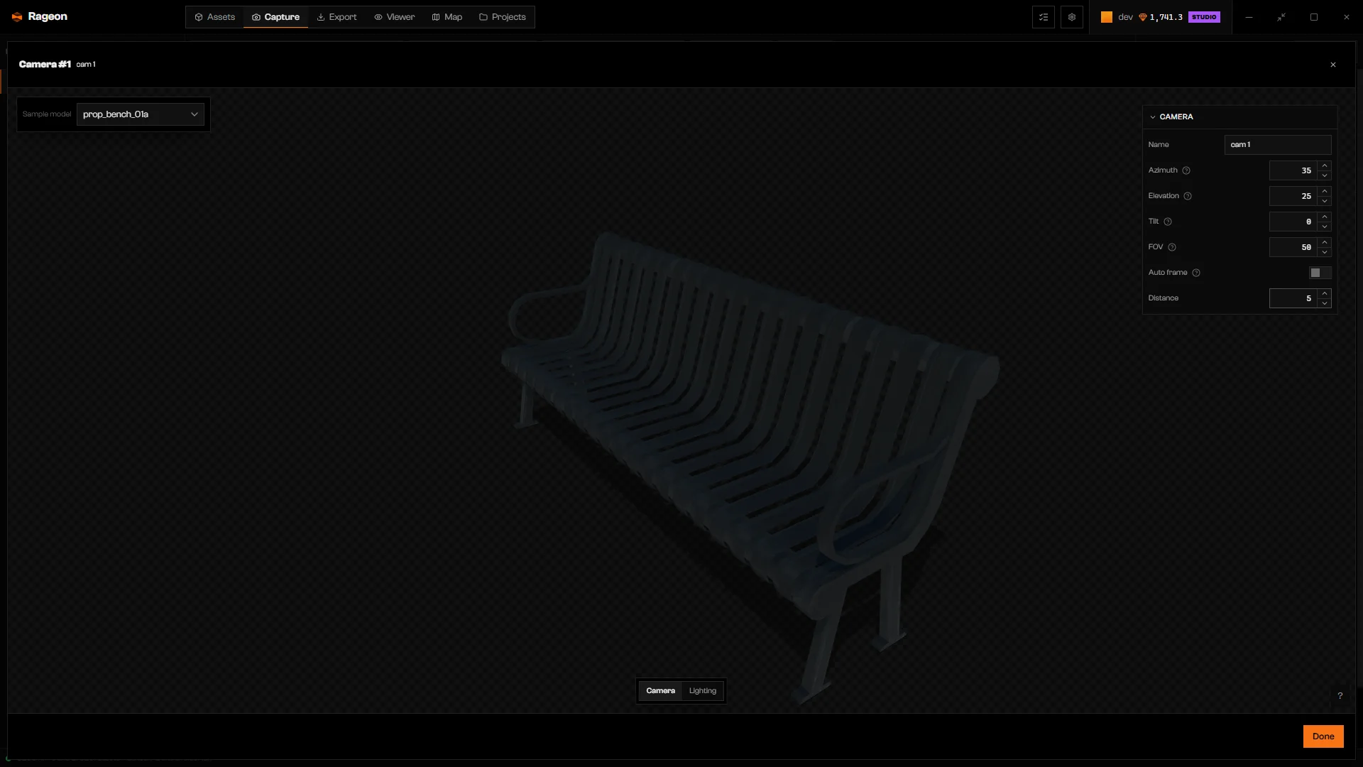 Camera editor with Auto frame off and a Distance of 5
