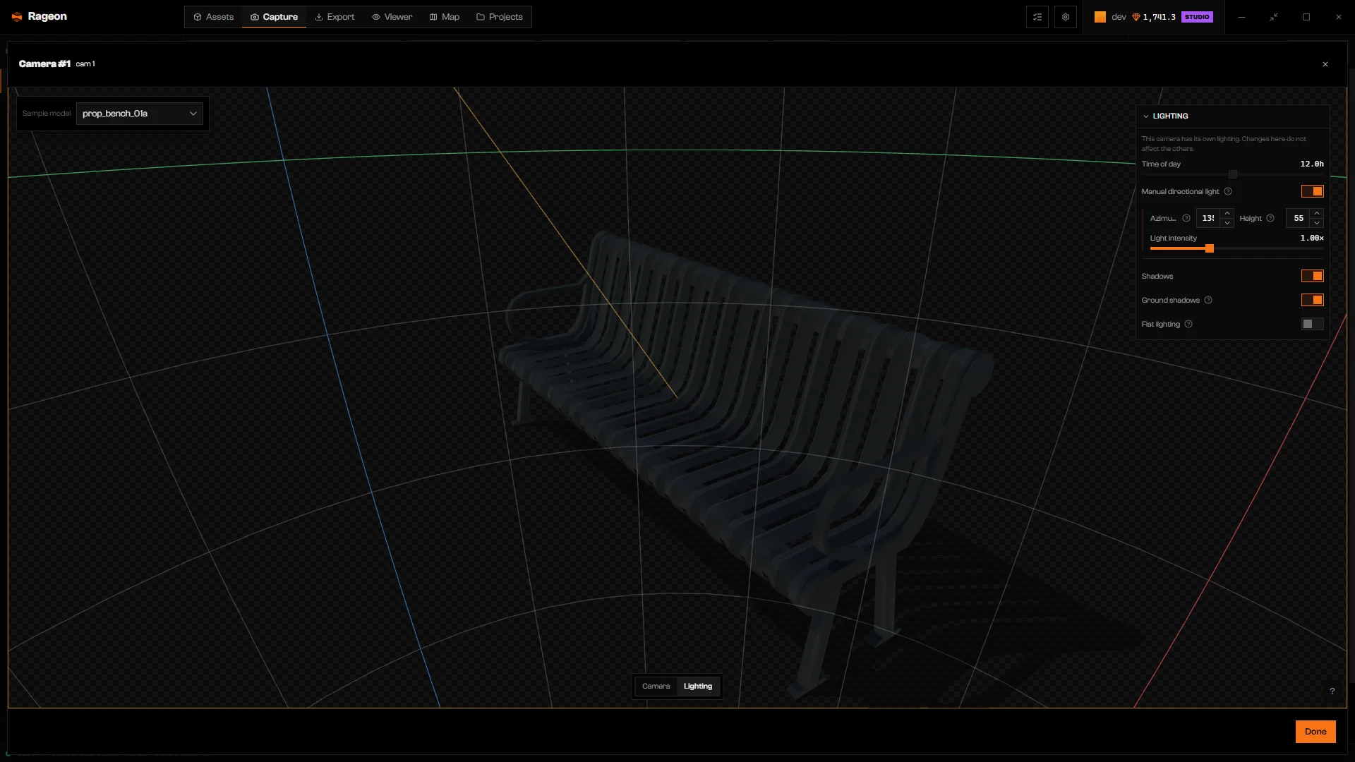Camera editor in Lighting mode with manual light controls