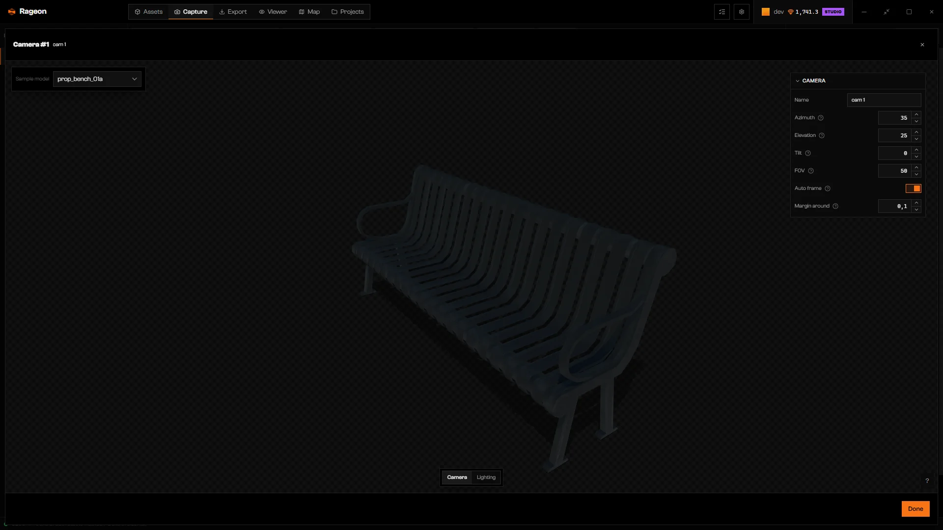 Camera #1 editor with Azimuth, Elevation, Tilt, FOV, and Auto frame