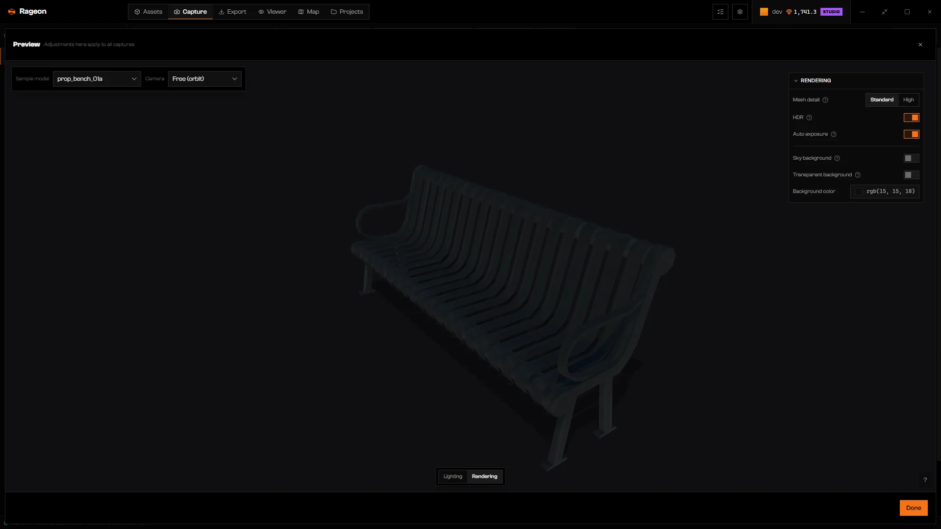 Rendering panel with Background color, Mesh detail, HDR, and Auto exposure