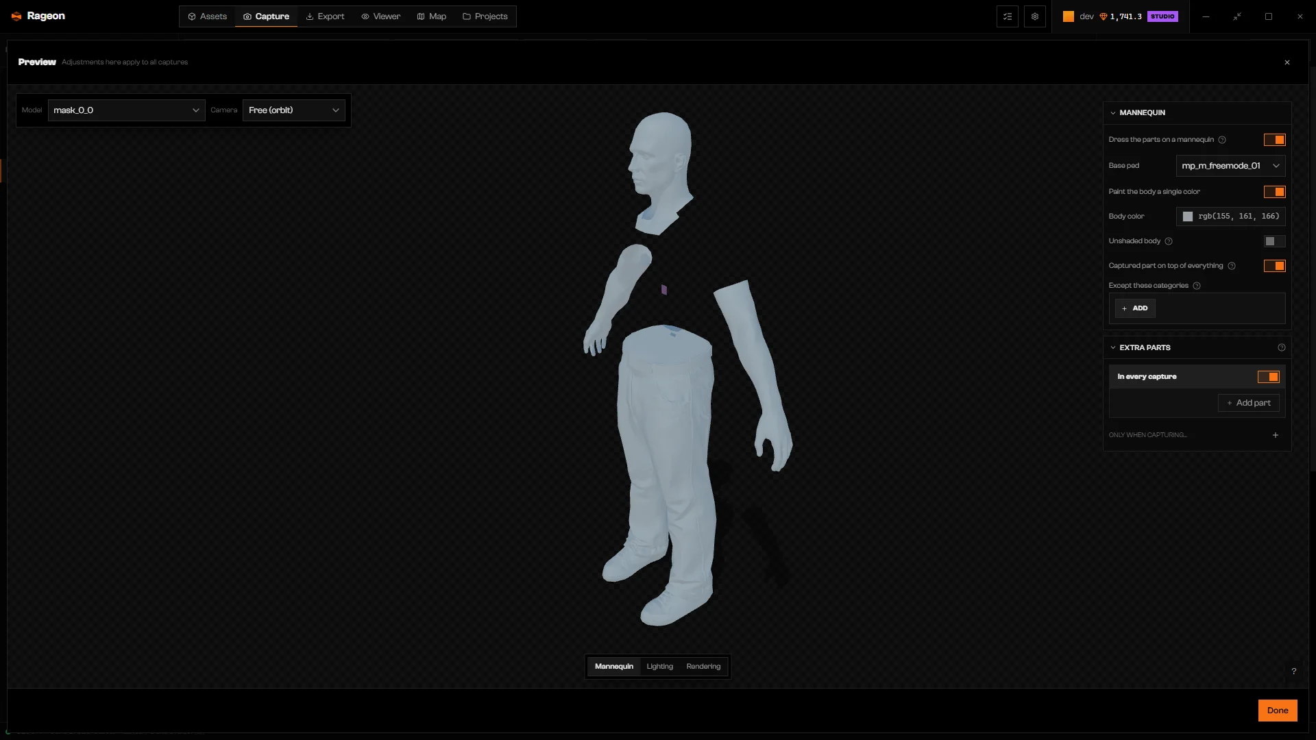 Preview of a freemode body with the Mannequin panel, Lighting, and Rendering tabs