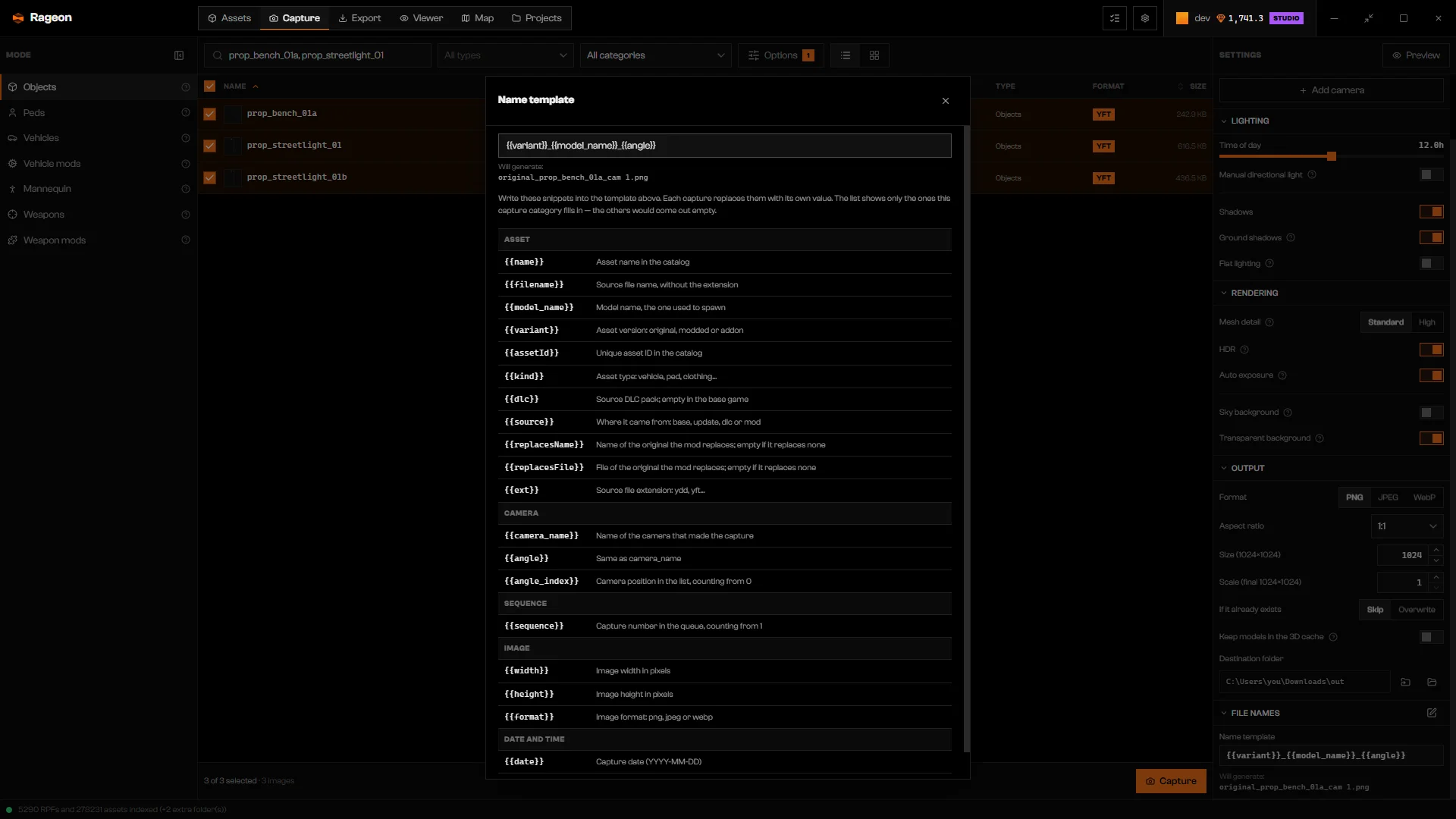 Name template dialog with the File name template field, Will generate preview, and variables