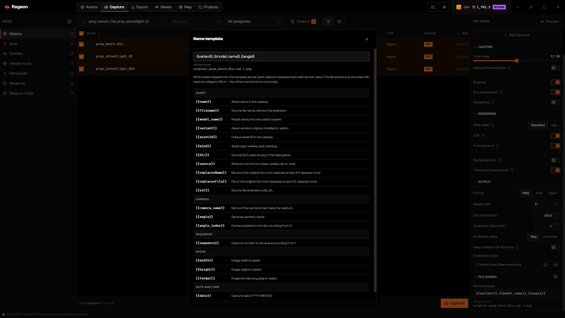 Name template dialog with the File name template field, Will generate preview, and variables
