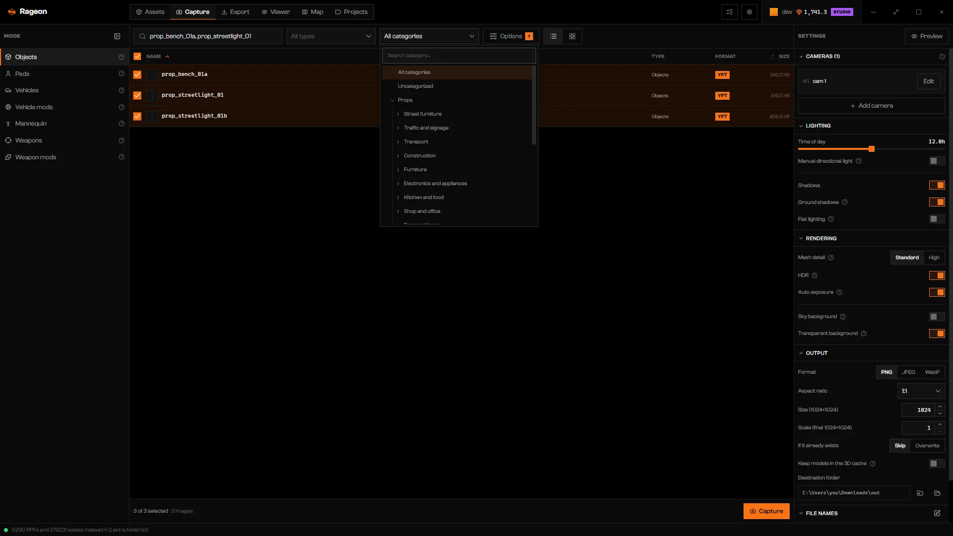 Category tree open over the Objects list