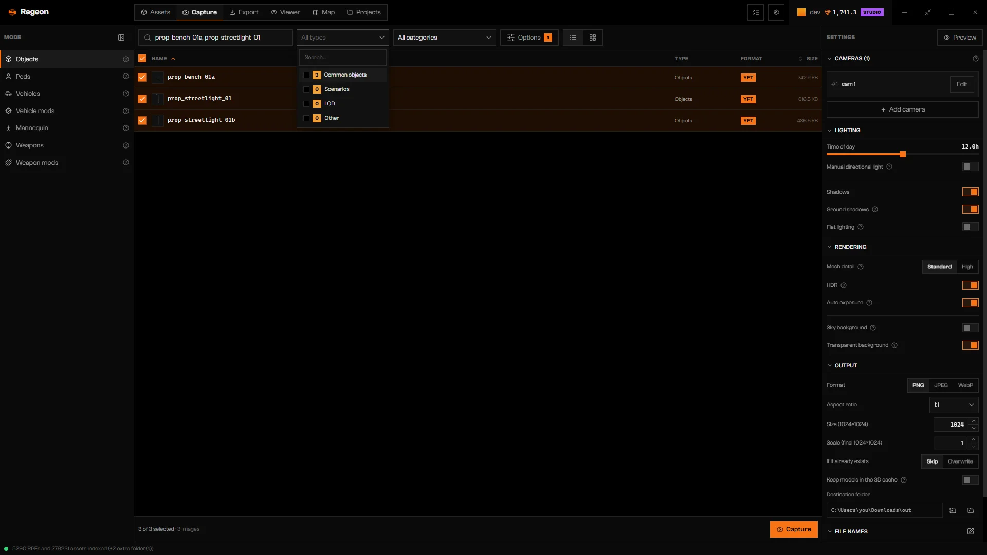 All types menu listing Common objects, Scenarios, LOD, and Other