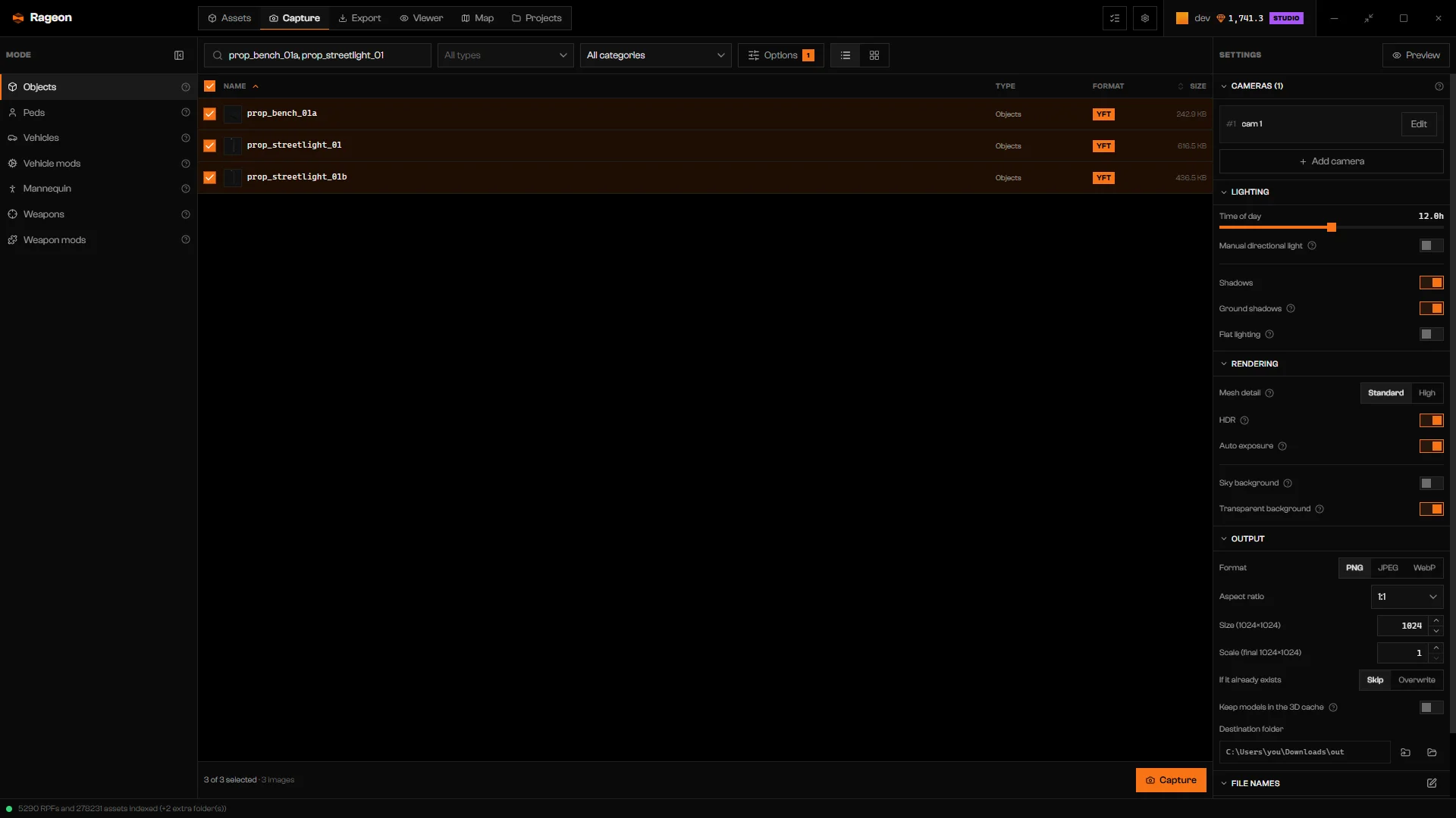 Capture tab in Objects mode with a model list, the Settings column on the right, and the Capture button