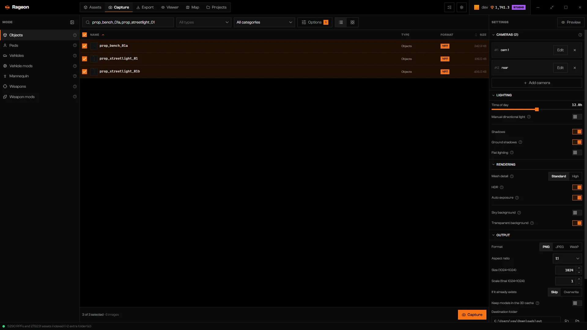 Settings column showing two cameras, cam 1 and rear