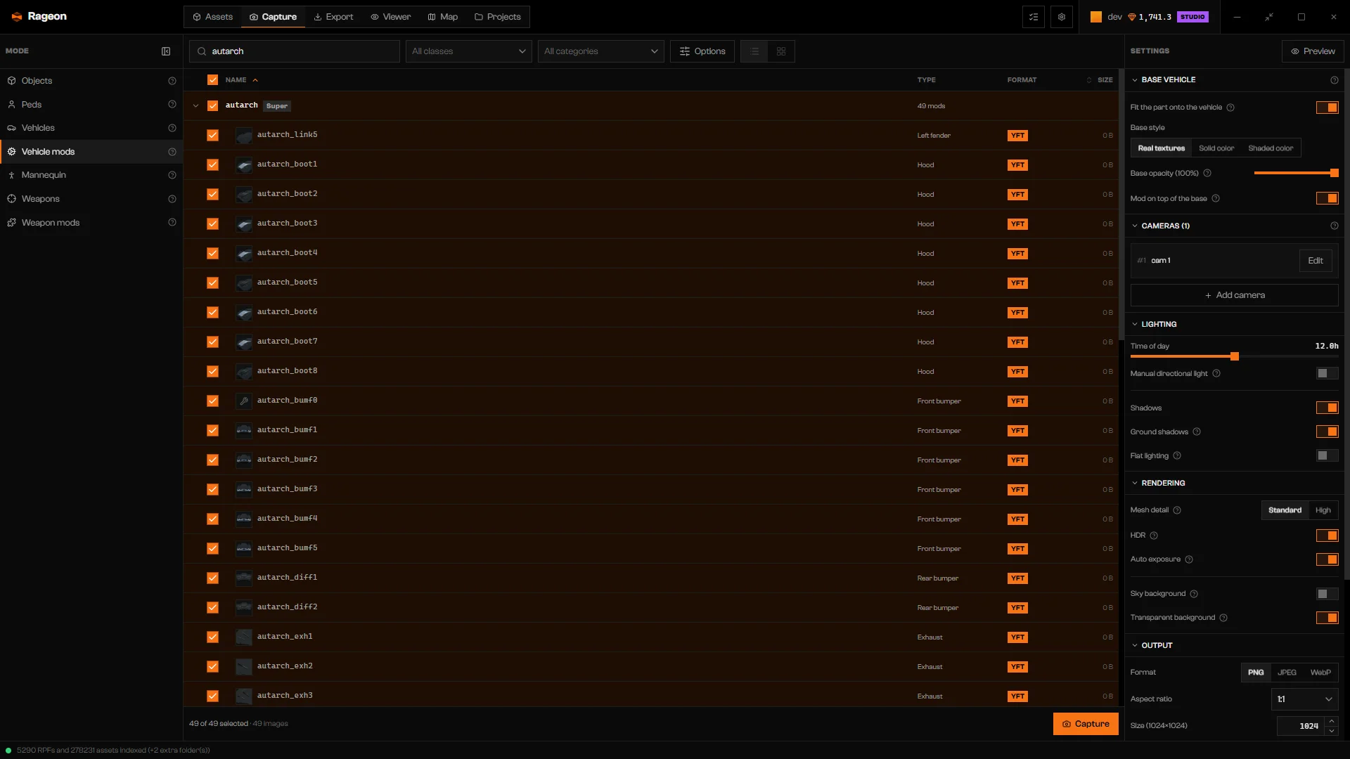 Vehicle mods list with an owner vehicle expanded into its parts, and the Base vehicle section