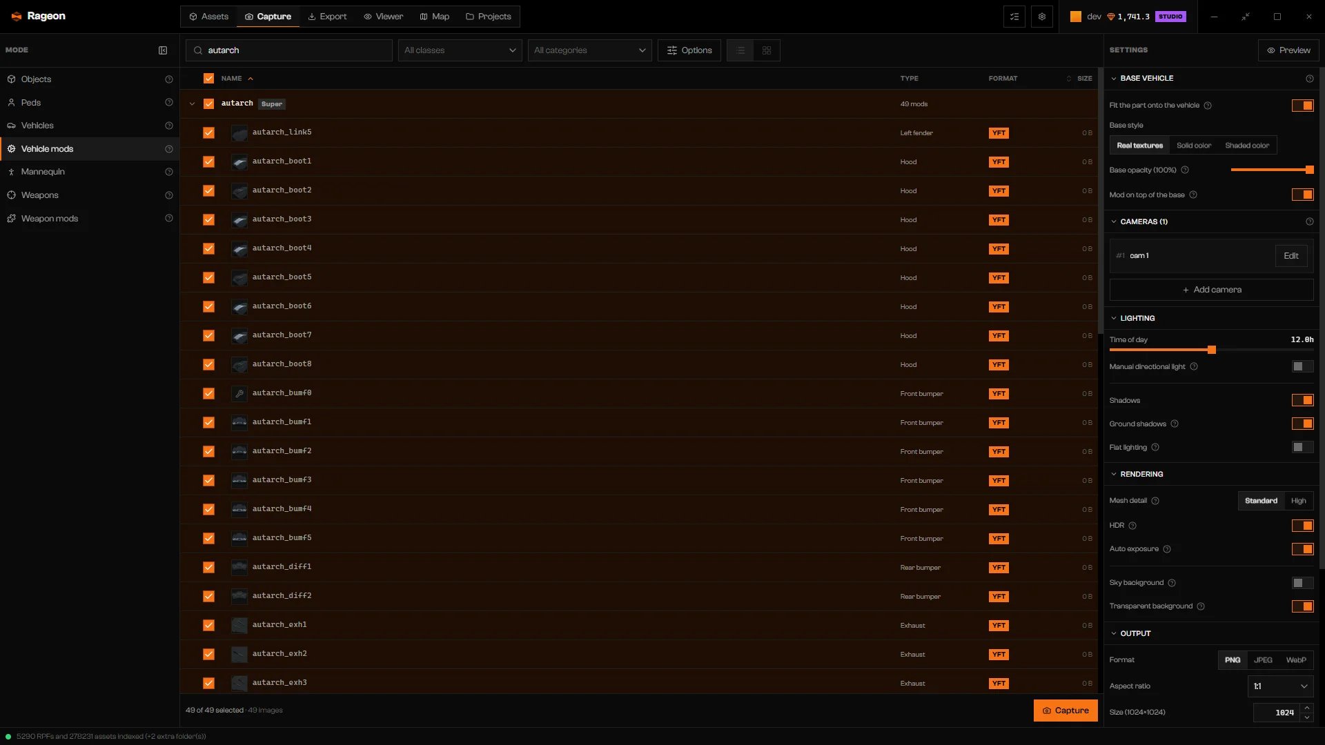 Vehicle mods list with an owner vehicle expanded into its parts, and the Base vehicle section