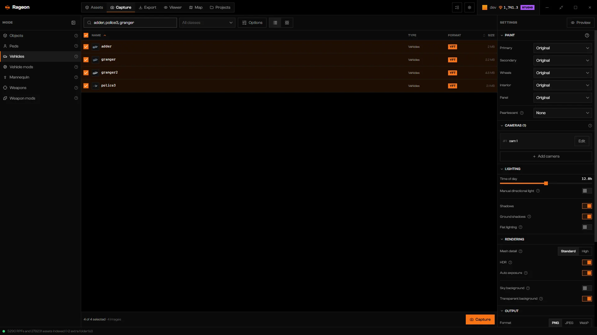 Vehicles mode with a vehicle list and a Paint section