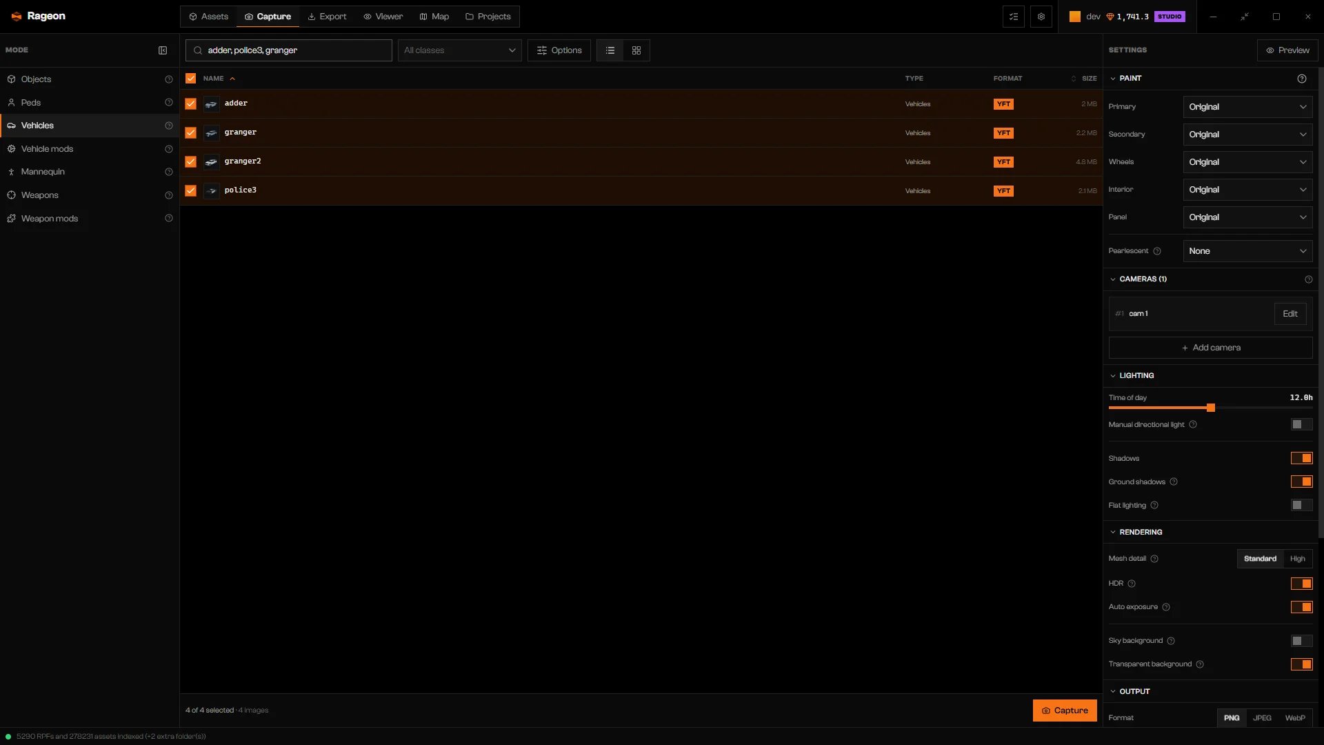 Vehicles mode with a vehicle list and a Paint section