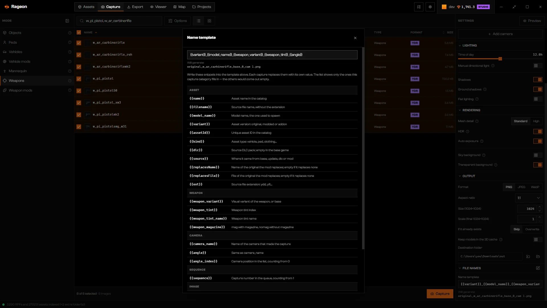 Name template dialog with weapon variant and tint variables