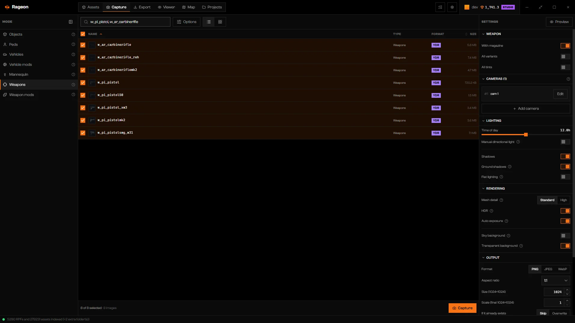 Weapons mode with eight weapons selected and the With magazine, All variants, and All tints toggles
