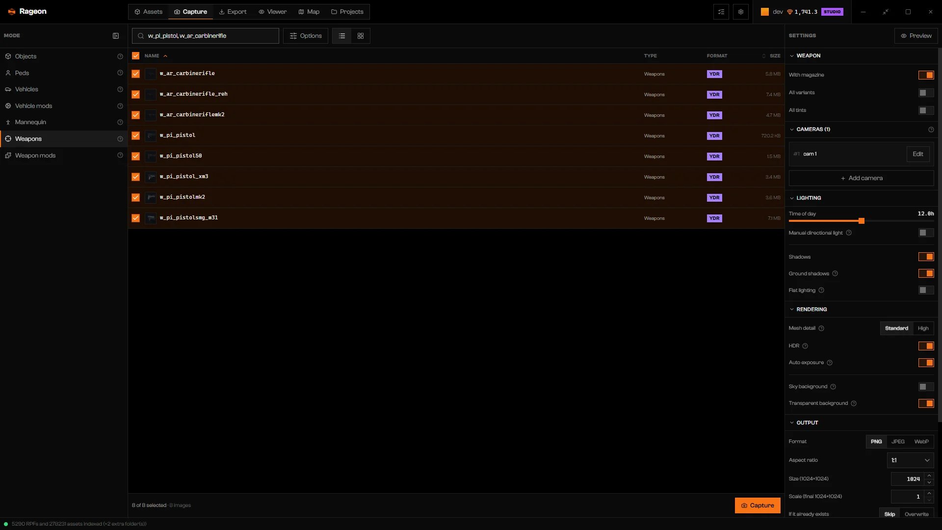 Weapons mode with eight weapons selected and the With magazine, All variants, and All tints toggles