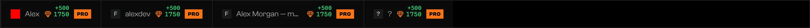 Cuatro chips de cuenta con nombre, saldo de créditos, un aviso verde +500 y una insignia de plan