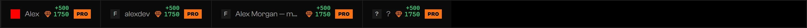 Cuatro chips de cuenta con nombre, saldo de créditos, un aviso verde +500 y una insignia de plan