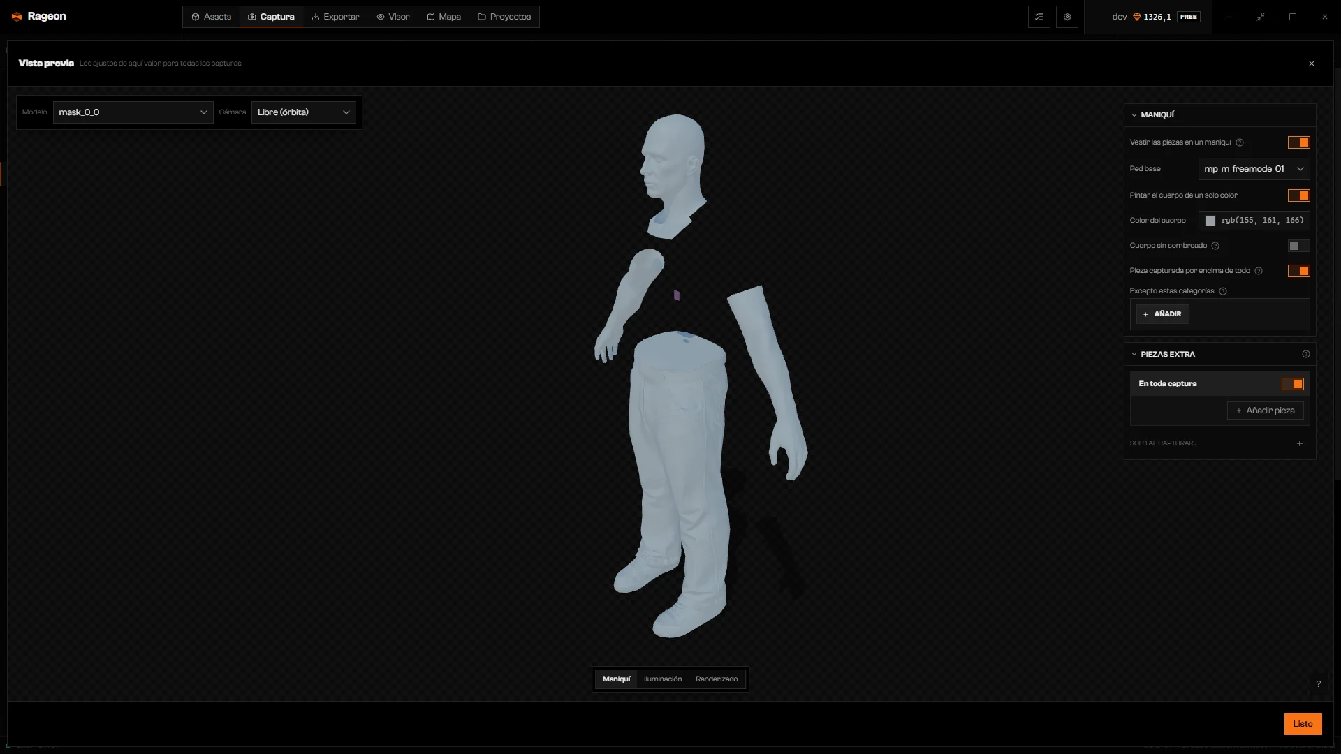 Vista previa de un cuerpo freemode con el panel Maniquí y las pestañas Iluminación y Renderizado