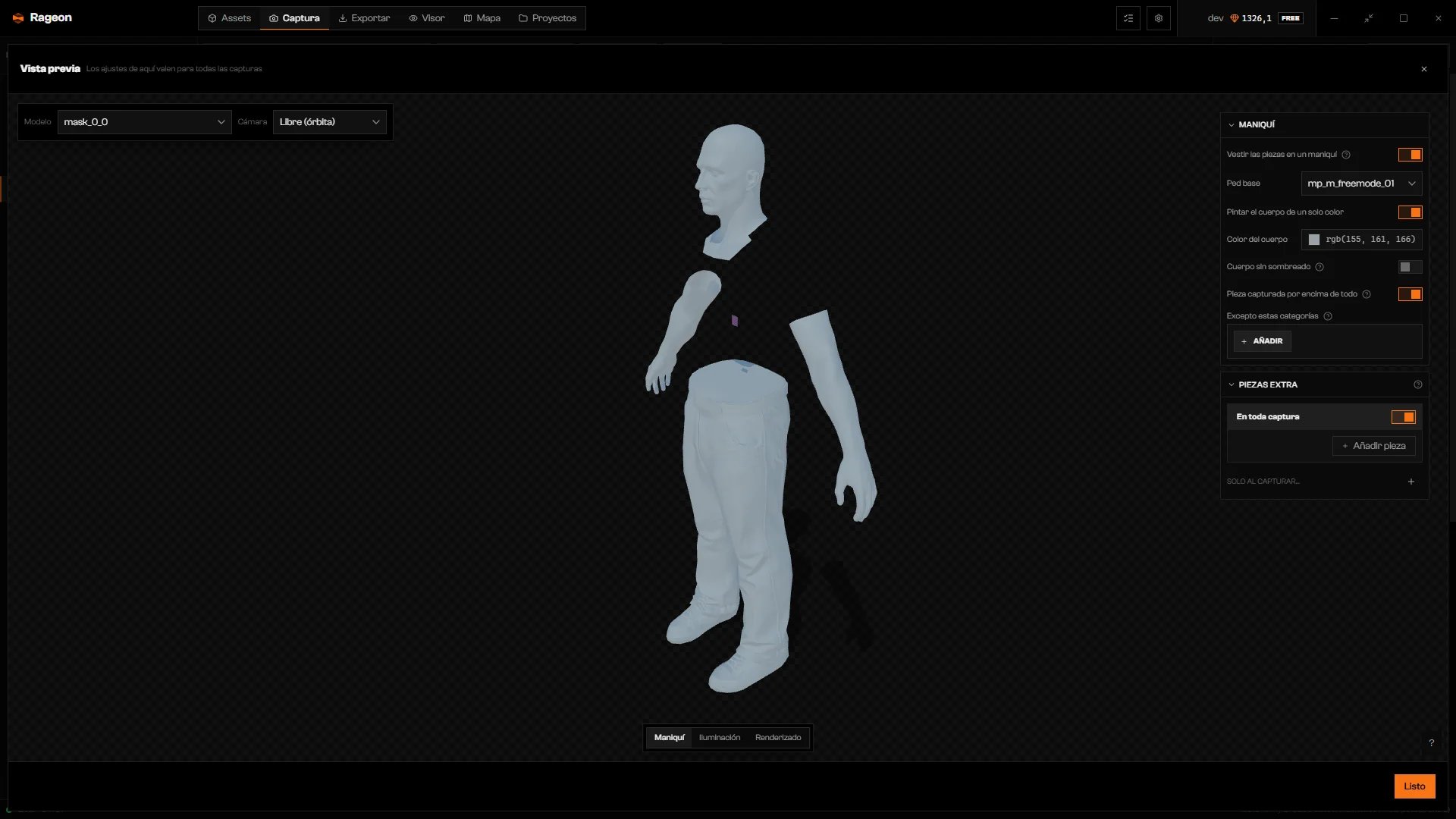 Vista previa de un cuerpo freemode con el panel Maniquí y las pestañas Iluminación y Renderizado
