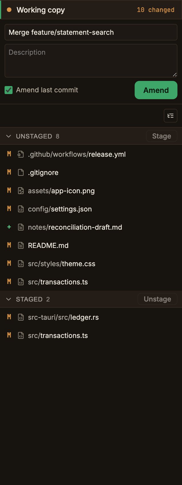 Amend 모드로 전환된 워킹 카피 패널. Amend last commit 체크박스가 켜져 있고 요약란에는 기존 커밋 메시지 Merge feature/statement-search가 미리 채워졌으며, 오른쪽 버튼 라벨이 Amend로 바뀌었다