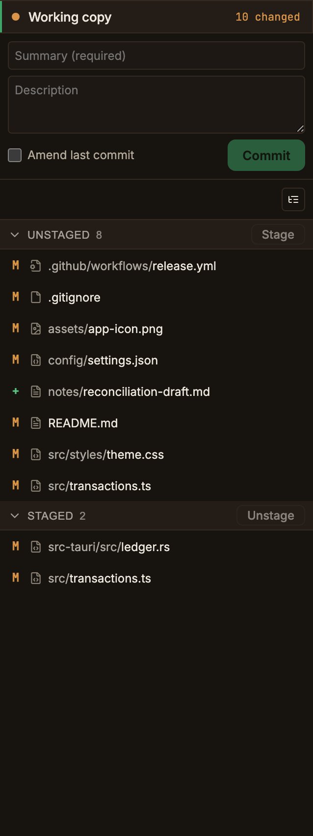 워킹 카피 패널 상단의 커밋 폼. Summary (required) 입력란, Description 입력란, Amend last commit 체크박스, 초록 Commit 버튼이 차례로 놓여 있다