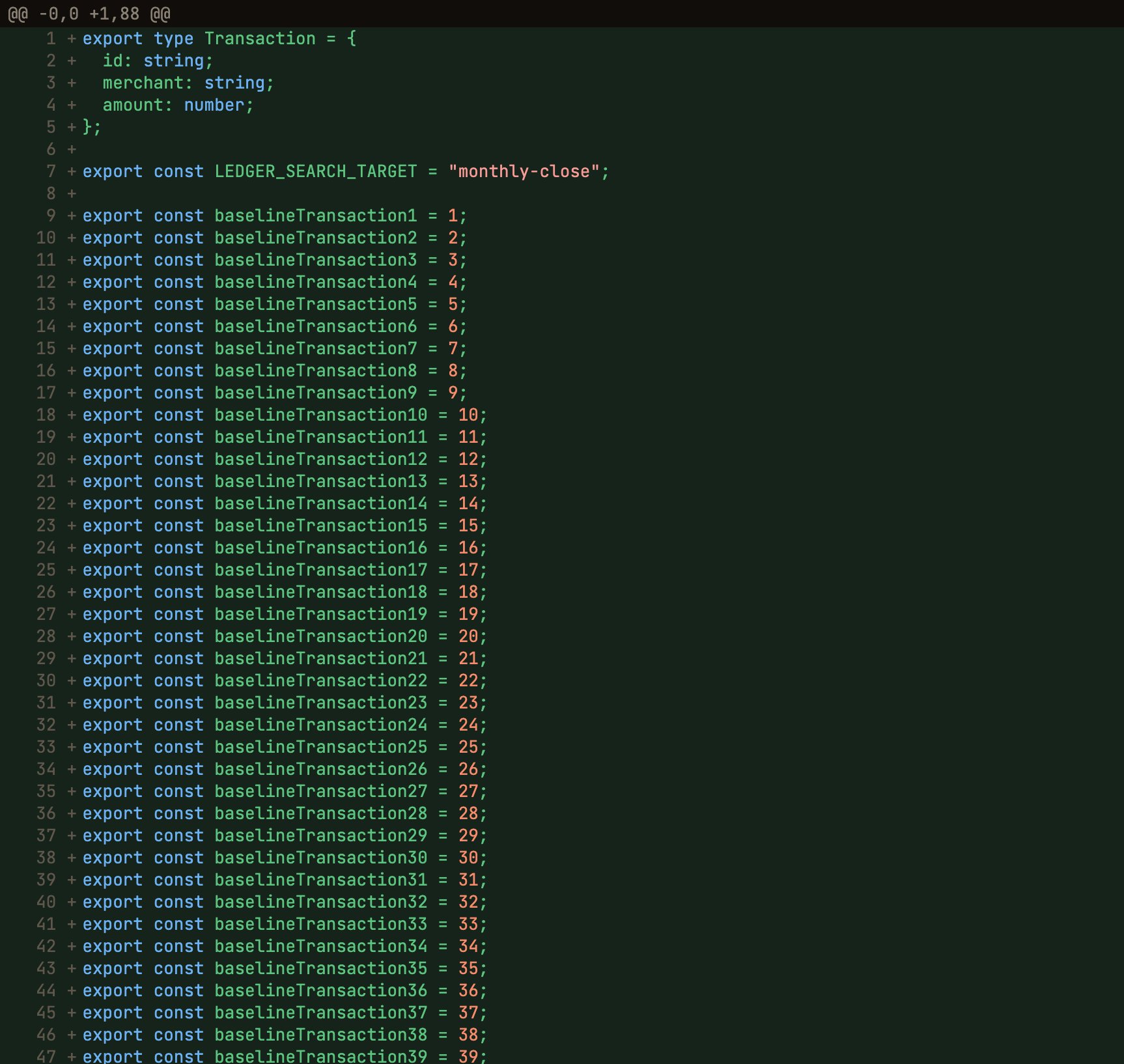 통합 diff 뷰. 맨 위에 @@ -0,0 +1,88 @@ 헝크 헤더가 있고, 그 아래 TypeScript 새 파일의 줄들이 줄번호와 + 표시를 달고 초록 배경으로 이어진다