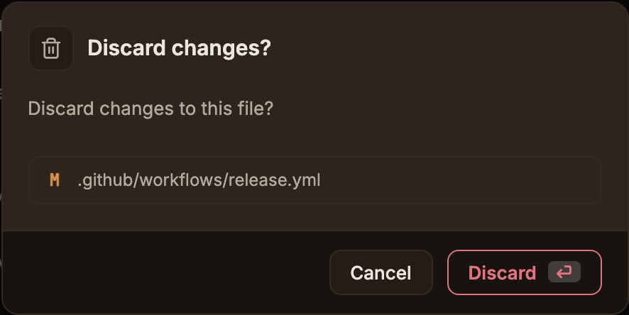 Discard changes? 확인 모달. 버려질 파일 한 개(.github/workflows/release.yml)가 수정(M) 표시와 함께 나열되고, 아래에 Cancel과 빨간 Discard 버튼이 있다