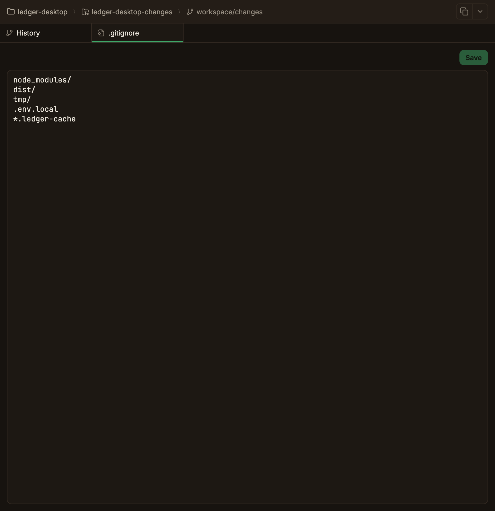 History 탭 옆에 열린 .gitignore 전용 탭. 편집 영역에 node_modules/, dist/, tmp/, .env.local, *.ledger-cache 패턴이 한 줄씩 들어 있고 오른쪽 위에 초록 Save 버튼이 있다