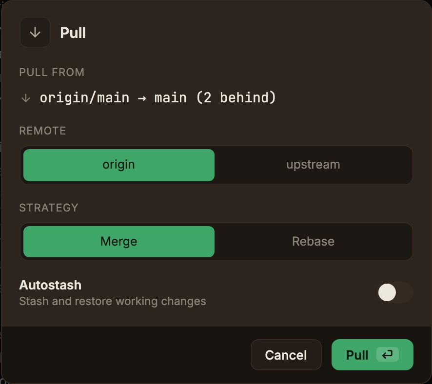Pull 출처와 Merge·Rebase 전략, Autostash 옵션을 보여주는 풀 다이얼로그
