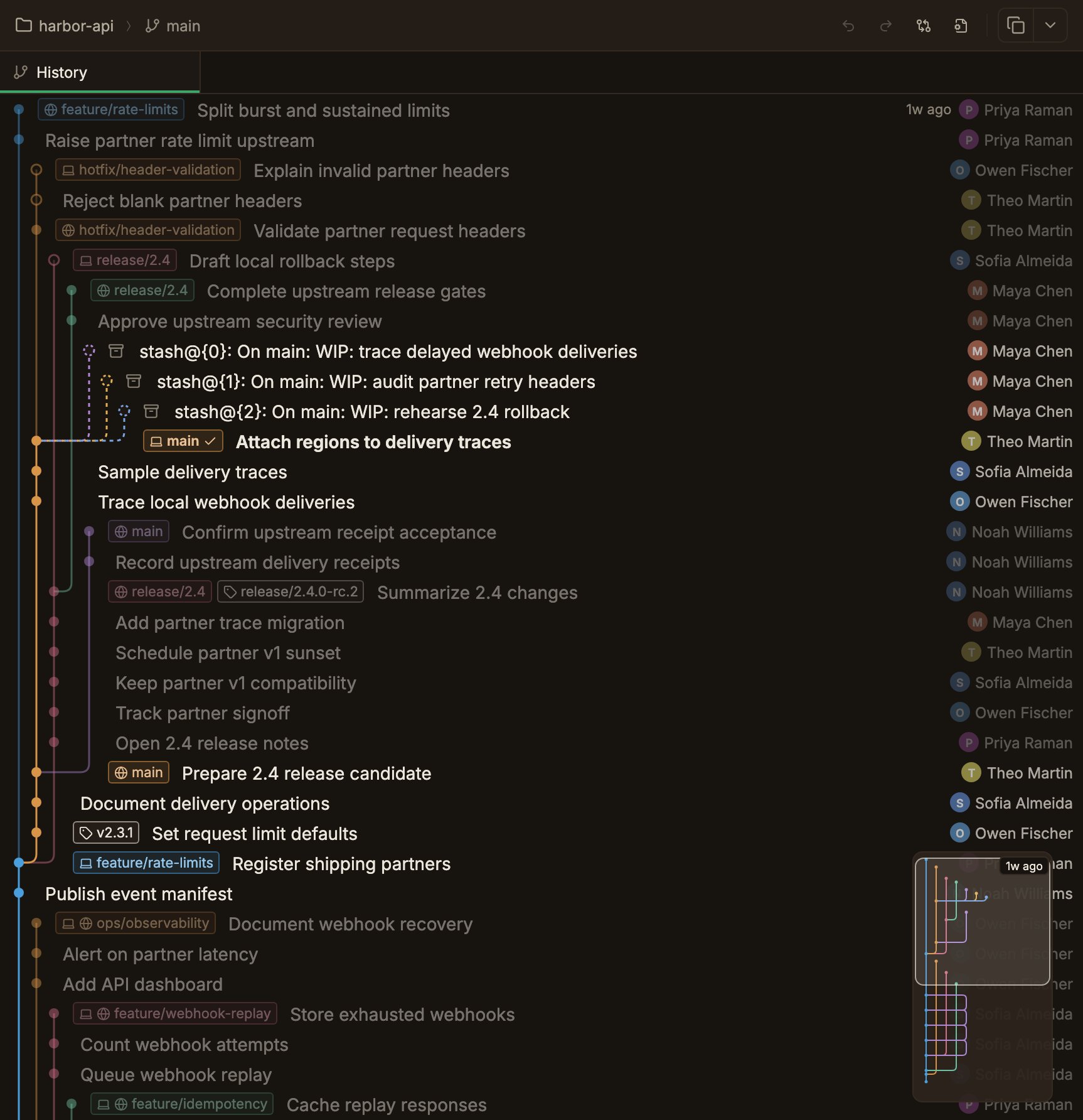 커밋 그래프에서 base 커밋과 점선으로 연결된 stash 노드가 표시된 화면