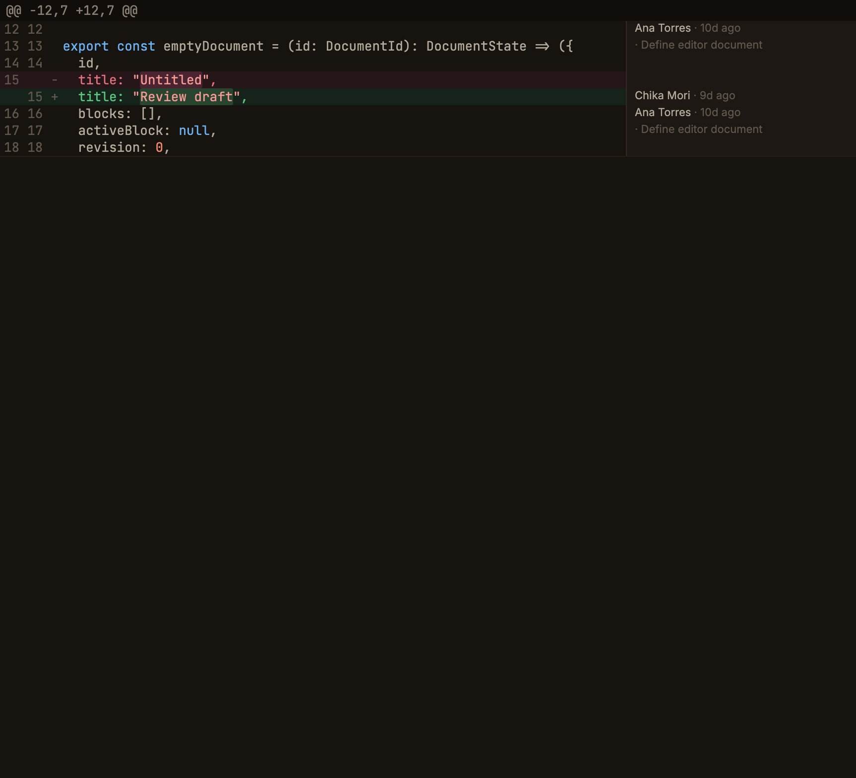 Compare의 unified diff 오른쪽에 작성자·상대 날짜·커밋 요약이 커밋 단위로 묶여 고정된 Blame 열