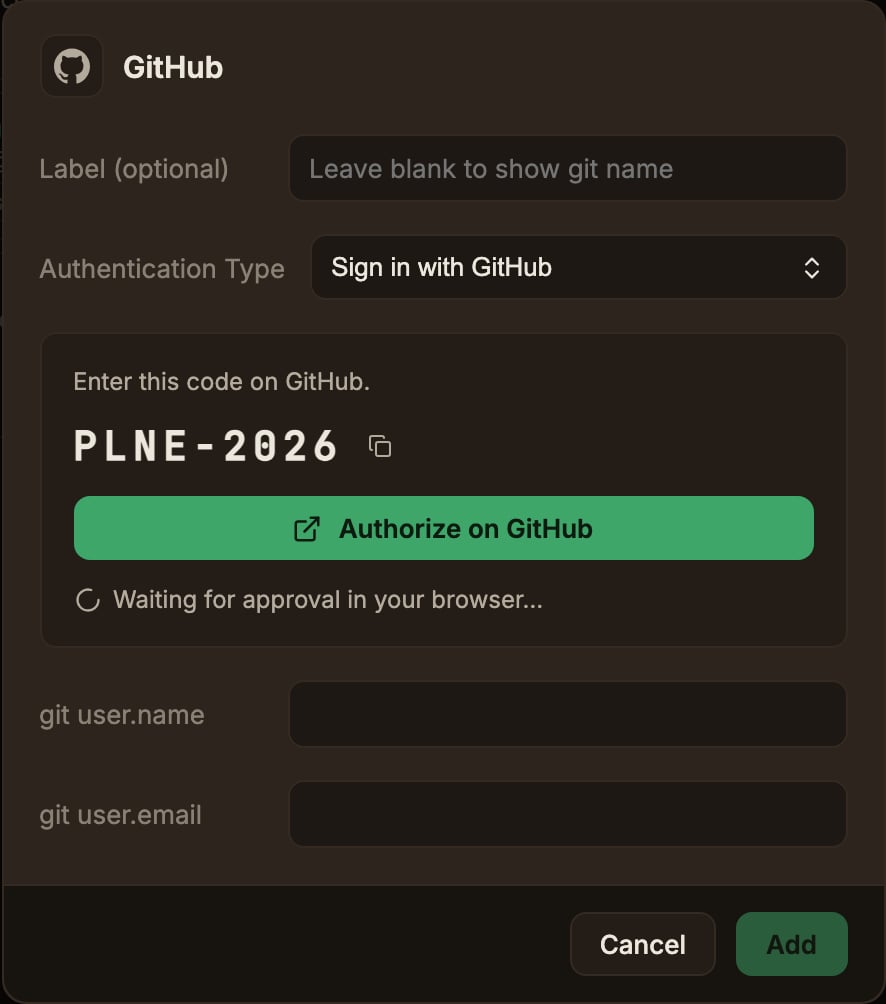 디바이스 코드 PLNE-2026과 GitHub에서 인증하기 버튼, 승인 대기 문구가 한 카드에 표시된 GitHub 계정 추가 모달