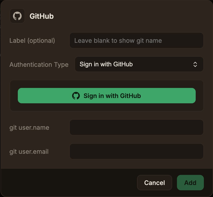인증 유형 선택과 git user.name·user.email 입력란이 있는 GitHub 계정 추가 모달